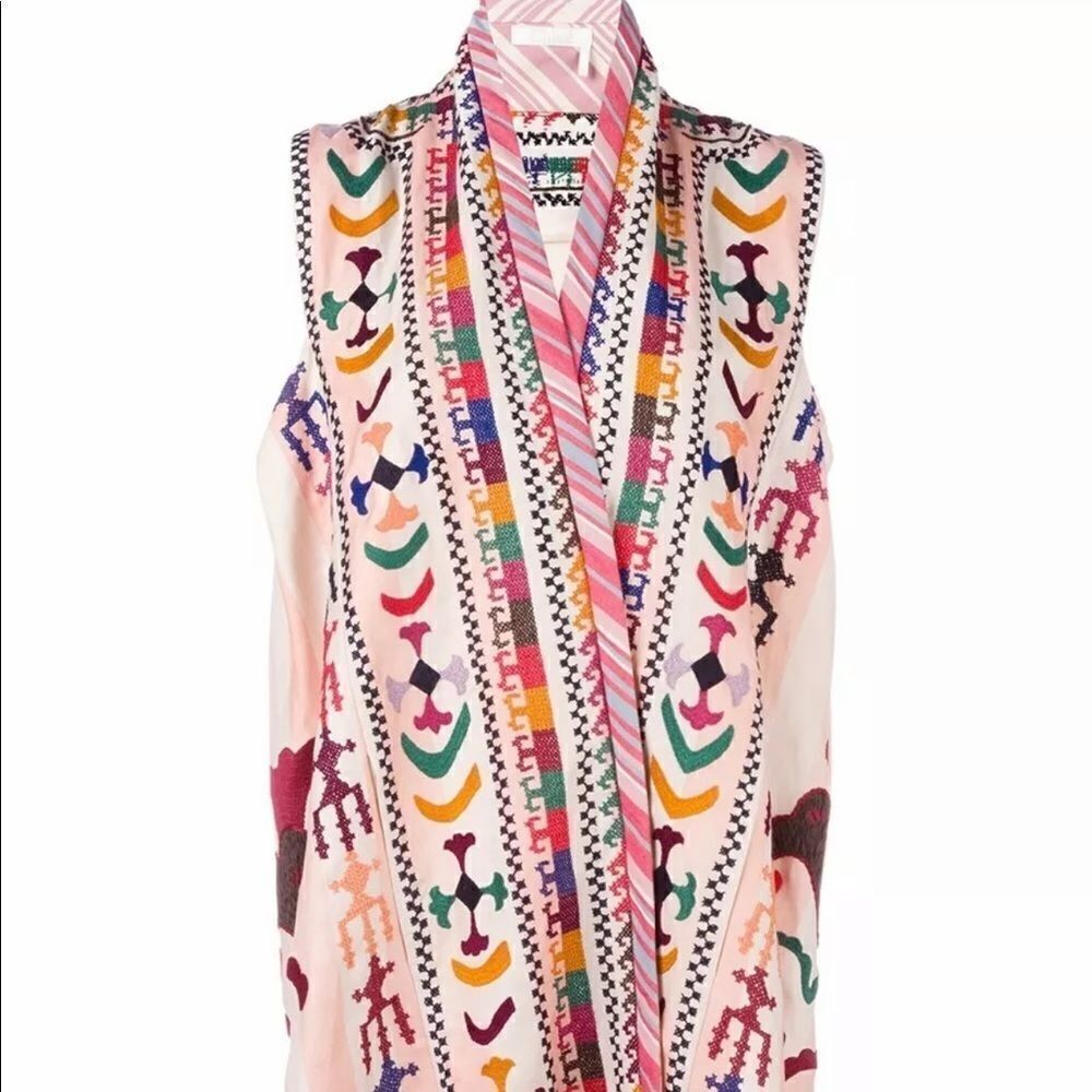 Chloé Embroidered‎ Striped Linen and Silk Tunic $4,395 sz FR 36 US 4